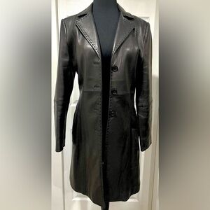 Jones New York Black Leather Long Overcoat Button Pockets SZ XL